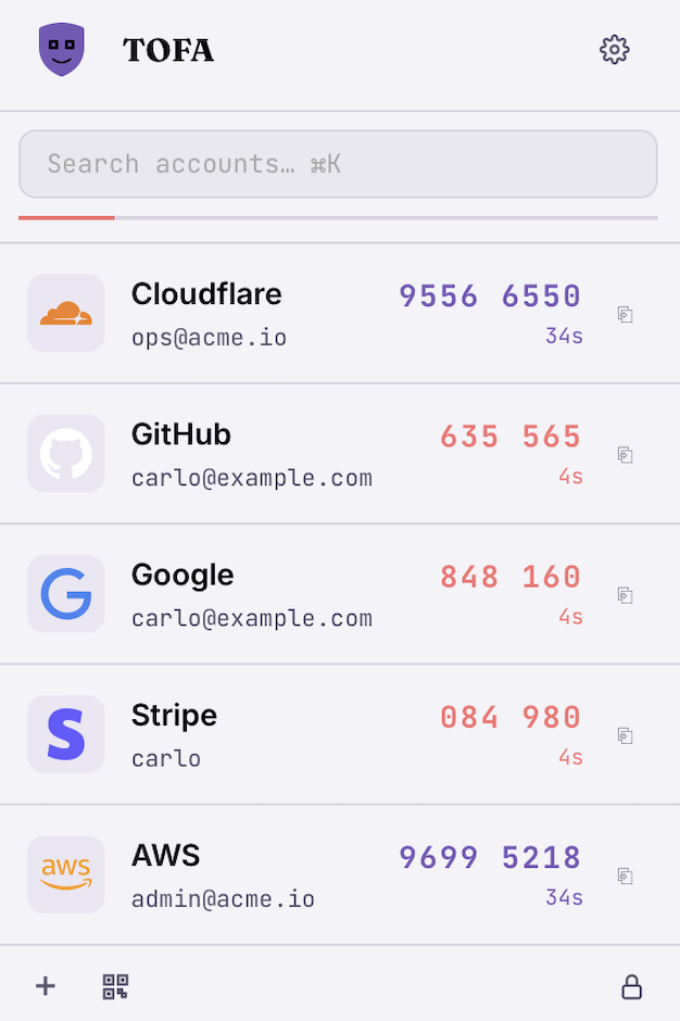 TOFA macOS menu bar app showing the same accounts