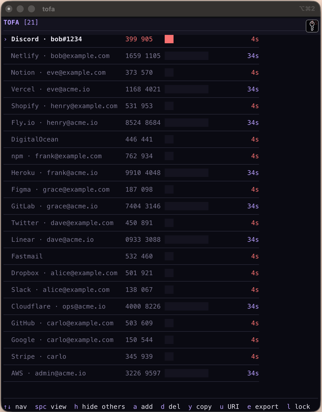 TOFA TUI showing 21 accounts with live OTP codes
